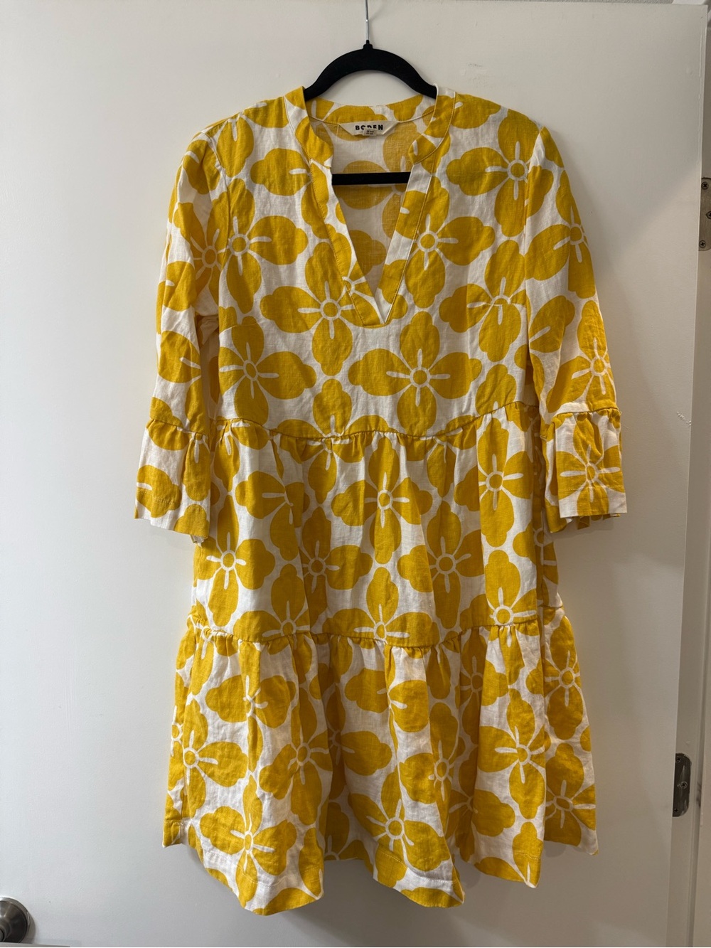 Boden Yellow and White Floral V-Neck Tiered Mini Dress